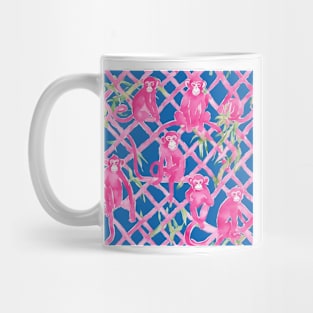 Pink monkeys and bamboo lattice on navy blue Mug